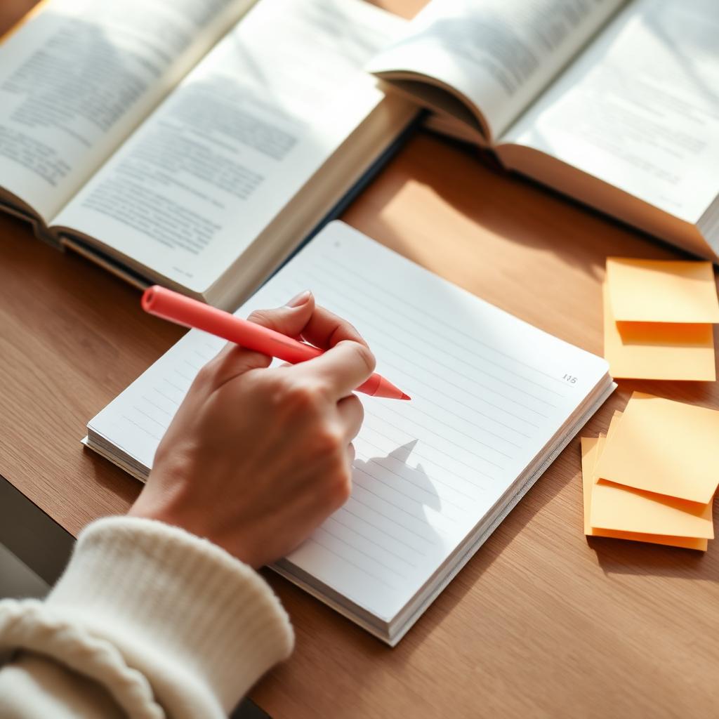 Caderno aberto com caneta coral
